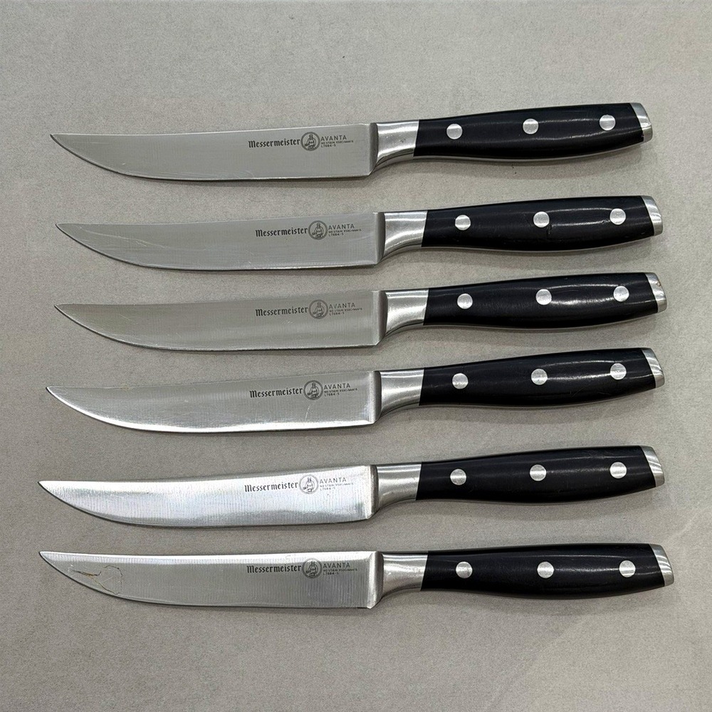 Messermeister Avanta 6pc Steak Knife Set 4.5in Straight Edge Full Tang Black